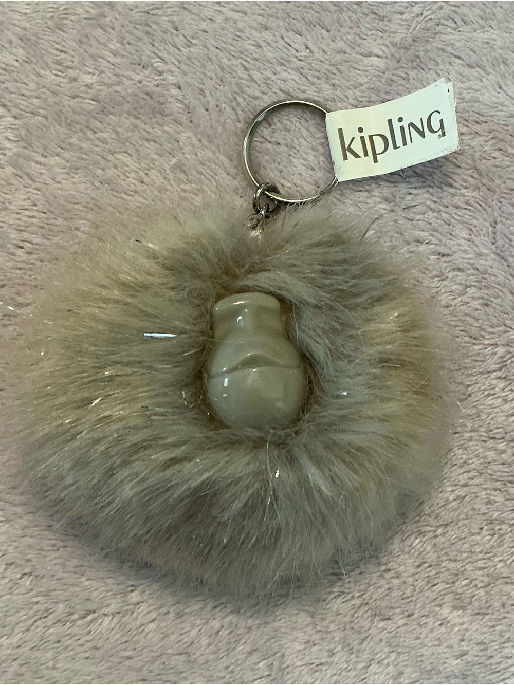 Kipling light gray Faux Fur Pom Keyring with Glossy Accent
